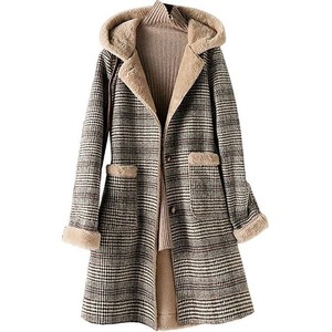 <span class=keywords><strong>Manteau</strong></span> long à <span class=keywords><strong>capuche</strong></span> rembourré en polaire réversible à carreaux pour femmes, style d'hiver épais et tendance - Product Image 2