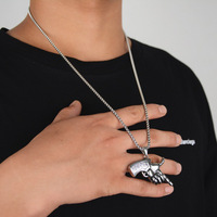 Nouveau design tendance Hip Hop, collier pendentif pistolet en acier inoxydable plaqué argent avec chaîne maille cubaine - Cadeau pour fête