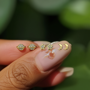 Pendientes de Moda con Diseño de Planeta, Estrella y Luna, en Acero Inoxidable 316L con Baño de Oro PVD - Product Image 2