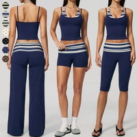 Set Yoga dengan Pinggang Bergaris, Atasan Tank Top Halter, Celana Panjang Pinggang Tinggi, Celana Pendek Biker, Pakaian Olahraga Aktif untuk Wanita