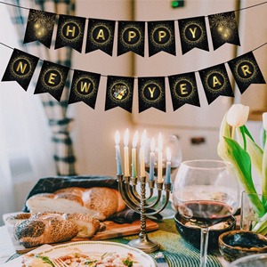 Happy New Year <b>Banner</b> Black & Gold New Year's Eve Party Bunting Sparkling Hanging Garland - Product Image 1