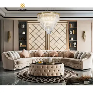 优雅的豪华古典按钮米色丝绒面料切斯特菲尔德弯曲截面转角沙发的客厅