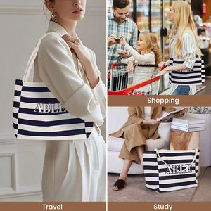 Classic Striped Thick <b>Canvas</b> Shopping Tote Custom Printed Daily Casual Travel <b>Handbag</b> Multi Color Commute Shoulder Carry Bag - Product Image 5