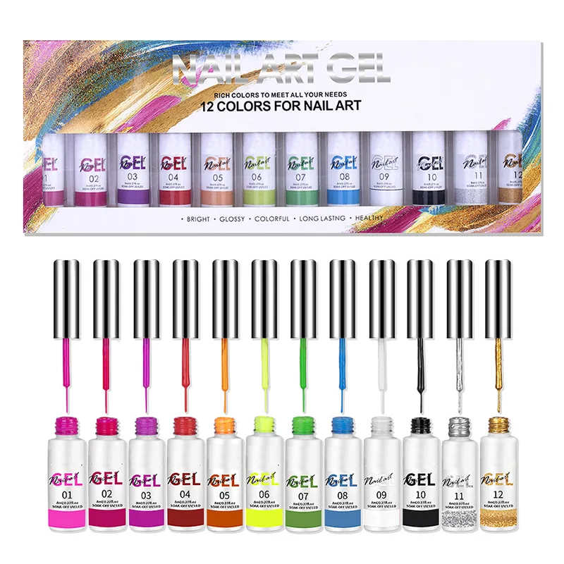 Private Label 12 Kleuren Losweken Uv Led Pastel Platinum Spider Gel Liner Nail Art Verf Polish Kit Set