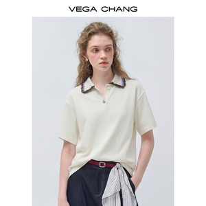 <span class=keywords><strong>Camiseta</strong></span> de Mujer VEGA CHANG, Corte Holgado, Cuello de <span class=keywords><strong>Crochet</strong></span>, Color Crema Blanco, Manga Corta, Cierre de Botones, Estilo Casual con Ribete de Encaje - Product Image 5