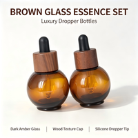 Flacon compte-gouttes en verre ambré rond de 30 ml avec bouchon en bois pour huile essentielle, huile capillaire, sérum facial, emballage en verre