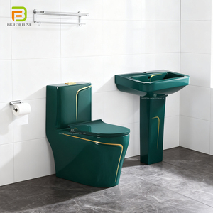 Inodoros y Lavabos Redondos de Porcelana de Una Pieza, <span class=keywords><strong>Inodoro</strong></span> con Pedestal, Juego de Baño Verde - Product Image 1