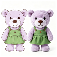 Ours en peluche violet kawaii, adorable poupée animale, robe verte sans manches, cadeau pour enfants, ours en peluche personnalisable
