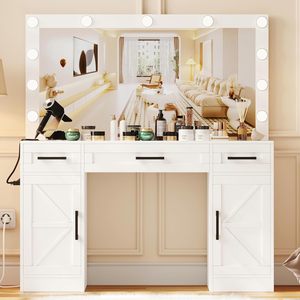 Coiffeuse de chambre personnalisée en bois écologique style ferme, avec <span class=keywords><strong>3</strong></span> <span class=keywords><strong>tiroirs</strong></span>, 2 armoires et miroir éclairé par LED - Product Image 2