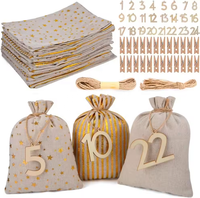 Lot de 24 sacs cadeaux recyclables pour calendrier de l'Avent, 3 types de sacs en lin avec étiquettes numériques en bois du 1 au 24 et pinces