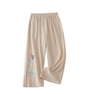 Elastic Waist Wide Leg Pants Women Cotton Linen Embroidery Casual Loose Fit Spring Summer Autumn Breathable Chinese Style - Product Image 5