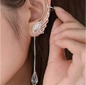 Uniq Angel Wing Verzilverd Crystal Tassel Ketting Drop Oor Manchet Stud Rhinestone Dangle Clip Oorbellen Voor Vrouwen