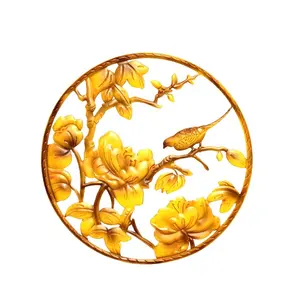 2024 New Design Vintage Yellow Living Room Bedroom Decoration Round Metal Wall Art Decor with Flowers and Bird