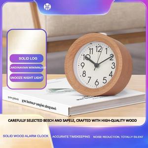 Réveil silencieux en bois avec veilleuse, sans tic-tac, alimenté par piles, petit réveil rond pour chambre à coucher, bureau, décoration intérieure - Product Image 3