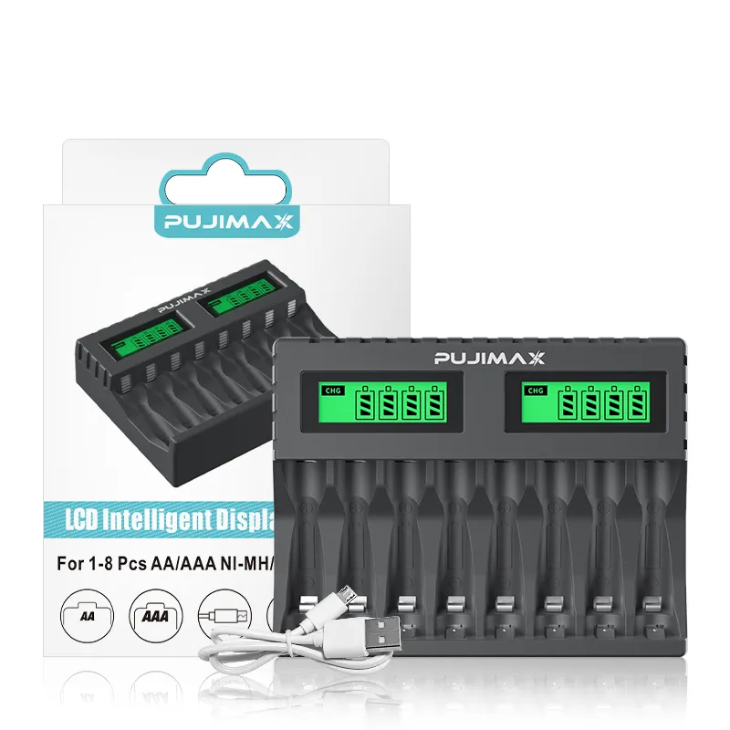 Pujimax carregador de baterias recarregável, 8 espaços, aaa/aa, proteção contra curto circuito, display led, ni-mh/ni-cd, carregador usb