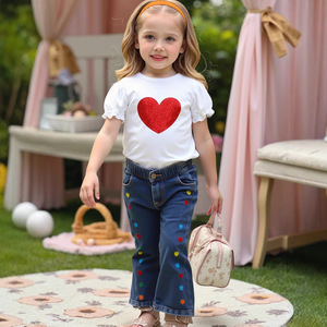 2025 Cross-Border New Casual Kids Girls' Denim Calças Dos Desenhos Animados Impresso T-Shirts 2 Peças Crianças Vestuário Set - Product Image 4