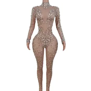 Sexy Long Sleeves Pearls Sequin Mesh Bodysuit Female Showgirl Club Bodycon Rompers Women Stage Performance Rhinestone Jumpsuit