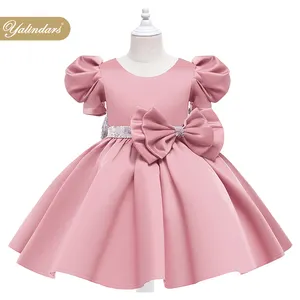 1-12 Years Little Baby Frocks Toddler Short Sleeve Satin Knee Length Bow Appliqued Party Princess Kids Dresses For Girls