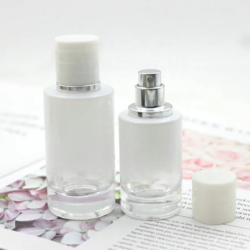 Cosmetic Round white 30 50 ml Fragrance Oil Glass Perfume Bottle With Spray Pump Cap