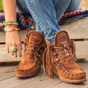 Bottines en daim pour femmes, à lacets, bout rond, avec pompon, talon compensé, doublure en polaire, bottines d'automne - Product Image 1