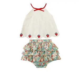 Baby Girl Clothes 100% Cotton Girls Summer Sets Strawberry Embroidered Top And Bloomers Girls Clothing Sets
