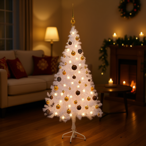 Sapin de Noël artificiel pré-éclairé 47,2 pouces blanc et or avec ensemble de boules, lumières LED blanc chaud, base sur pied pour intérieur - Product Image 2