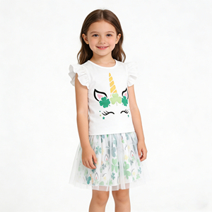 Ensemble jupe en tulle pour filles, deux pièces, t-shirt licorne à manches bouffantes, robe tutu, tenue de fête d'anniversaire d'été, 2-10 ans - Product Image 3