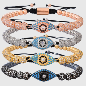 Braccialetto F306 fatto a mano con micro intarsi CZ, occhi arcobaleno, ciondolo, bracciale regolabile in macramè con grandi occhi del diavolo - Product Image 1