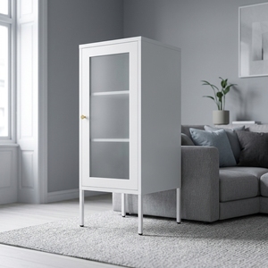 Vetrina Moderna <span class=keywords><strong>in</strong></span> Acciaio Bianco, Armadio con Anta Singola <span class=keywords><strong>in</strong></span> <span class=keywords><strong>Vetro</strong></span> Satinato e Maniglie Dorate per Organizzazione Domestica - Product Image 1