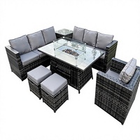Ensemble de salon de jardin en rotin gris mélangé de qualité supérieure, résistant aux intempéries, 9 places, avec table de foyer au gaz intégrée