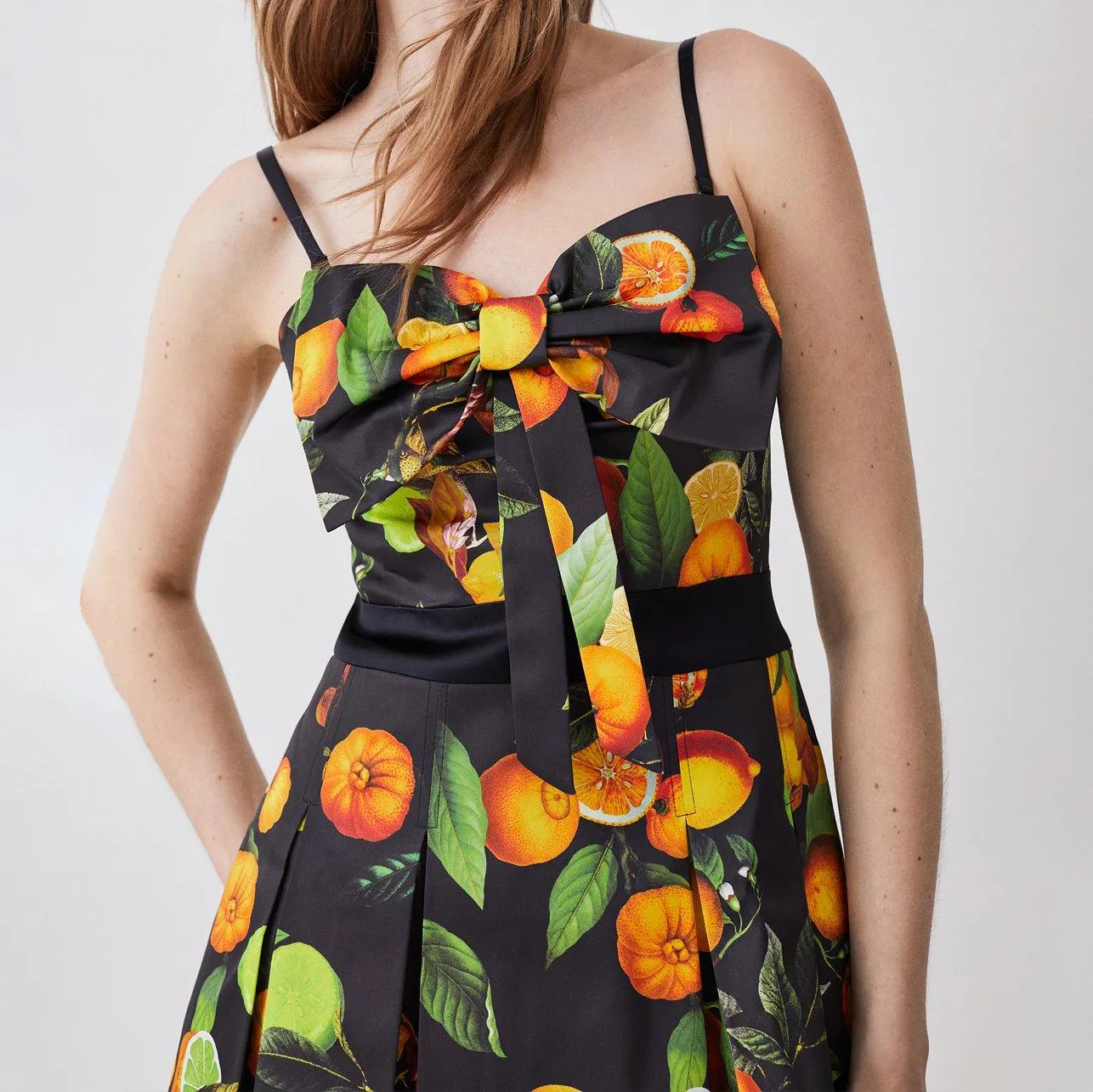Stretch Citrus Bow Mini Vestido Impreso Selección Floral Mujeres Vestido de gasa Vestidos de verano