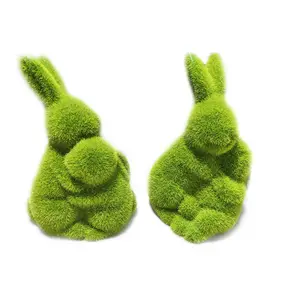 定制兔子摆件绿色植绒毛绒陶瓷兔子妈妈拥抱她的小兔子复活节工艺品