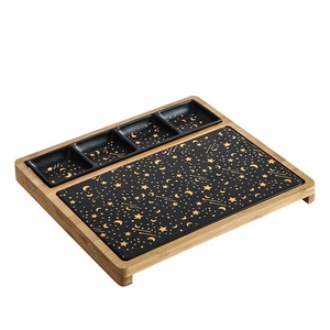 Nordic Restaurant Home Ceramic Snack <strong>Plate</strong> Western Square Ceramic Grid Steak <strong>Plates</strong> With <strong>Wood</strong> Base - Product Image 5