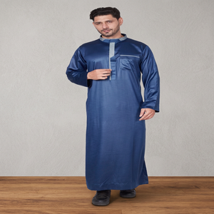 Qamis bleu pour homme à manches longues, coupe droite, col montant, en polyester, style Moyen-Orient, pour la prière, Aïd Ramadan - Product Image 3