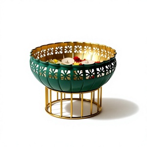 Green Metal Tealight <b>Candle</b> <b>Holder</b> Urli Bowl with Stand – Decorative Floral Cutout Teal & Gold Centerpiece for <b>Floating</b> Flowers. - Product Image 1