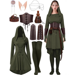 Conjunto de Disfraz de Elfo Medieval con Vestido con Capucha, Corsé <span class=keywords><strong>y</strong></span> Leggings - Traje LARP para Feria Renacentista - Product Image 1