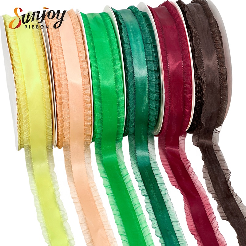 1 1/2 Inch Double Ruffle Polyester Organza Ribbon Decorative Pleated Lace Trim Wedding Party Gift Wrapping Sewing DIY Craft