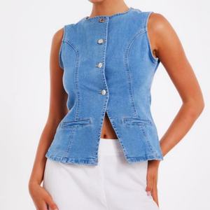 OEM High Quality Summer Casual <b>Women</b> Jean Vest Sleeveless Button Front Fitted <b>Denim</b> <b>Waistcoat</b> - Product Image 1
