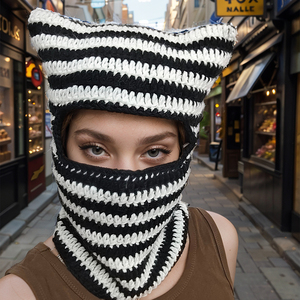 <span class=keywords><strong>Passamontagna</strong></span> Invernale Fatto a Mano in Acrilico con Orecchie di Gatto a Righe, Maschera da Sci Integrale per Donne - Product Image 3