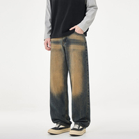 Pantalon en jean délavé style rétro américain pour homme, taille mi-haute, coupe large, tendance Y2K, délavé à la pierre, couleur jaune boue, style urbain décontracté