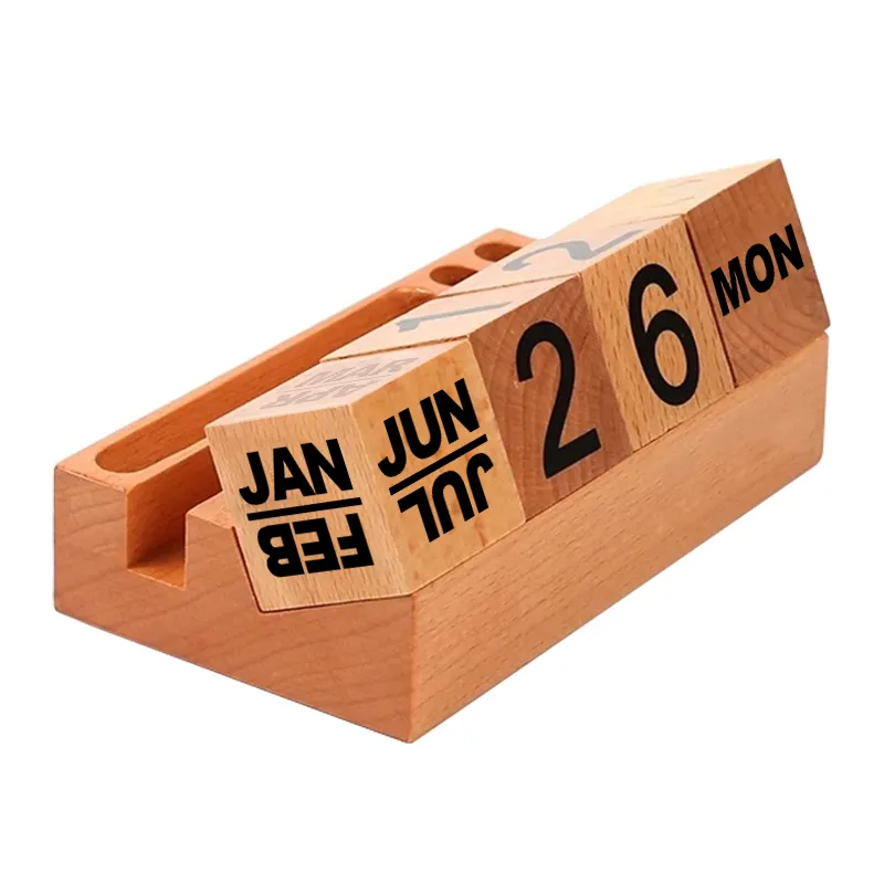 Creative Wooden Perpetual Calendar with Cell Phone Holder for Table Office Gift Decoration Promotion Display