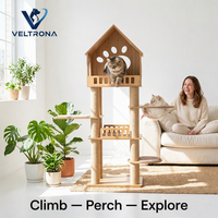 Mobilier d'escalade pour chat d'intérieur : Tour avec maison, motif empreinte de patte découpé, bol en acrylique et pilier en sisal, vente en gros