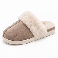 Pantoufles mules matelassées avec bande en peluche, couleur taupe, pour l'intérieur, hiver, chaussures de maison
