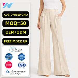 <span class=keywords><strong>Pantalon</strong></span> large en lin pour <span class=keywords><strong>femme</strong></span>, taille haute, respirant, coupe décontractée, idéal pour l'été – Fabricant OEM/ODM sur mesure - Product Image 1