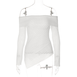 Primavera otoño sin tirantes negro blanco Top desgaste dobladillo asimétrico manga larga blusa <span class=keywords><strong>camisa</strong></span> Mujer - Product Image 5