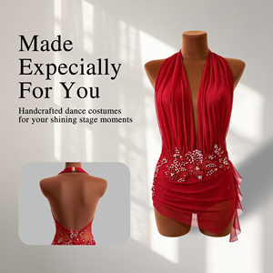 Vestido de Danza Lírica Rojo Personalizado con Malla y Cuello Halter, Apliques Florales Cosidos a Mano, Vestido de Danza para Competencia para Niñas y Mujeres, Actuación en Escenario - Product Image 1