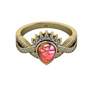 Anillo de Corona de Plata 925 Chapado en Oro de 18K de Alta Calidad para Mujer con Gema de Nácar Rosa Espinosa de 6x8mm y Engaste de Bisel Trenzado Fino - Product Image 1