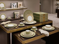Ensemble de vaisselle en céramique géométrique vert de luxe, vente en gros, service de table moderne en porcelaine avec motifs décoratifs pour mariage, restaurant, fête, vente au détail
