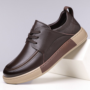 Chaussures habillées décontractées pour hommes en cuir véritable à bout rond, à lacets, respirantes, pour le bureau, avec semelle extérieure en caoutchouc et semelle souple - Product Image 1