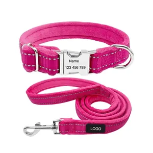 Thick Padded Flannel Nylon webbing Pet Dog Collar Leash set, Engraved Metal Buckle with Name&Phone Numbers